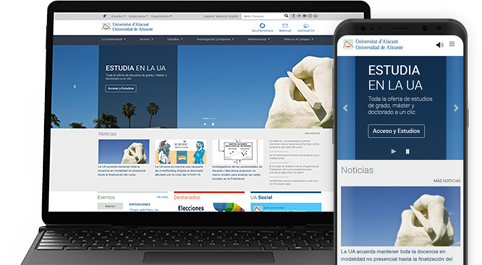 Web de la Universidad de Alicante en un ordenador y en un dispositivo móvil